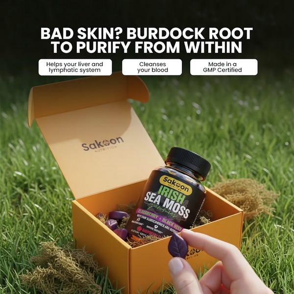 This 1:1 square ad uses a direct problem-solution hook and clear benefit iconography to highlight the detox properties of Irish Sea Moss gummies.